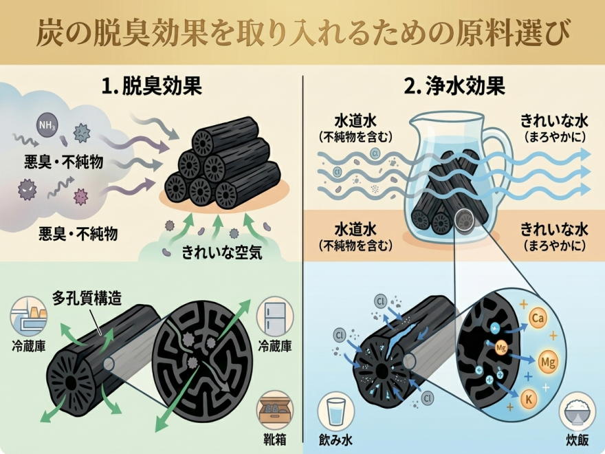 脱臭剤・工業用としての炭の仕入れガイド｜製品性能を左右する「原料選び」